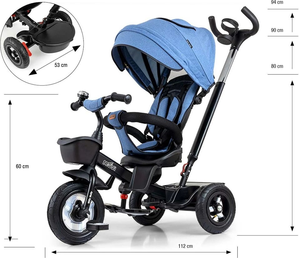 Tricikël me dorezë shtytëse, Milly Mally Movi, sedilje 360°, rrota të fryra, rripa 3‑pikësh, blu