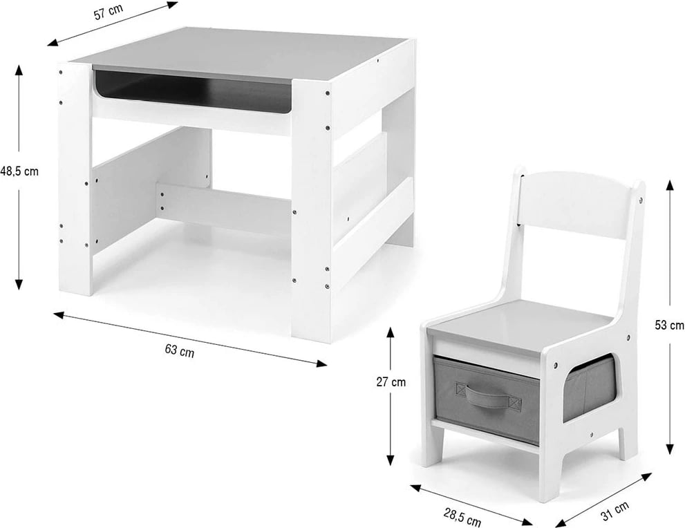 Set mobilje për fëmijë, Milly Mally Sven, tavolinë + 2 karrige, me depozitim dhe dërrasë për shkumës, e bardhë, set 3 pjesë