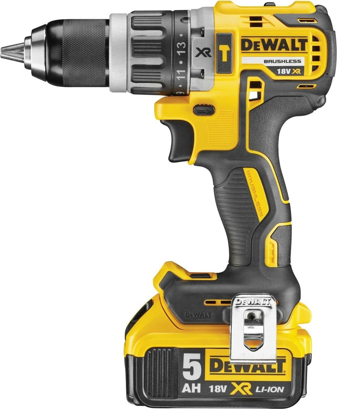 Drill DeWALT DCD796P2-QW, 18V, 5Ah, Li-Ion, keyless, zi/verdhë