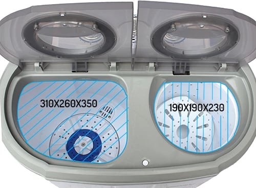 makinë larëse portative dy-kubikëshe, Adler Camry CR 8052, 3kg larje 1kg shtrydhje, konsum i ulët, dimensione 570x350x540, e bardhë/gri