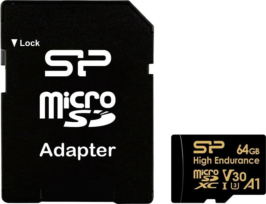 Kartelë memorie microSDXC Silicon Power 64GB High Endurance me adapter SD, V30 UHS-I U3 A1, e zezë