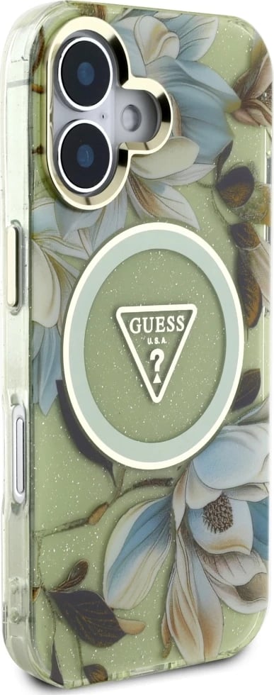 Mbështjellës Guess Glitter Flowers Triangle Buttons MagSafe për iPhone 16, Gjelbër