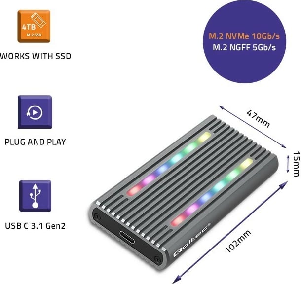 Kasë Qoltec 52272 për SSD M.2 NVMe/SATA, USB-C, 4TB, Gri me RGB LED