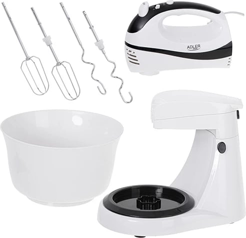 Mikser me tas rrotullues Adler AD 4206, 300W 5 shpejtësi Turbo, 3L, bardhë/zi