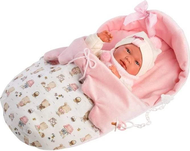 Kukull bebe Llorens Nica 40 cm, trup vinili i butë, e banojshme, set me Thes gjumi dhe aksesorë, rozë