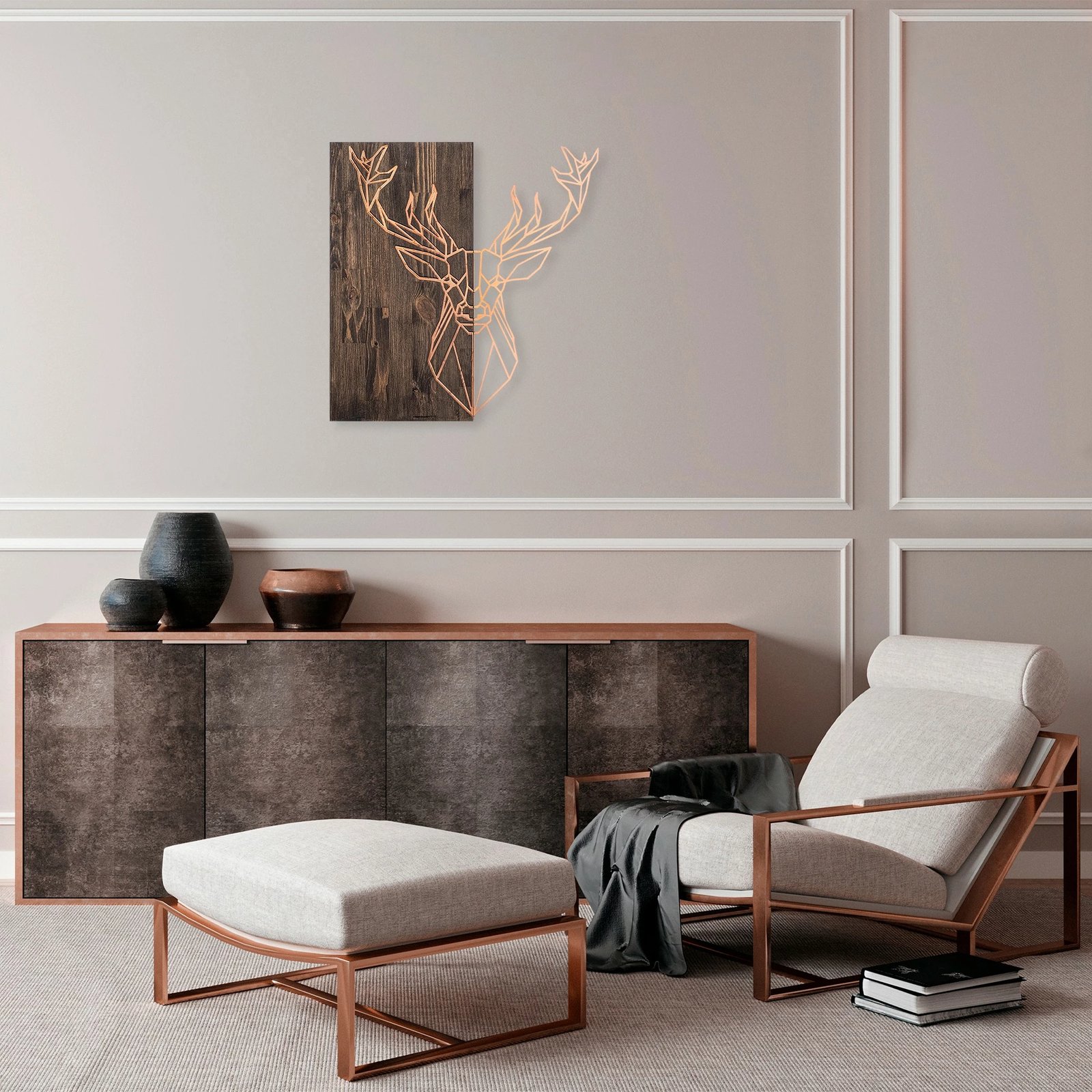 Aksesor dekorativ muri prej druri, Wallity, model dreri, ngjyrë arrë dhe bakri