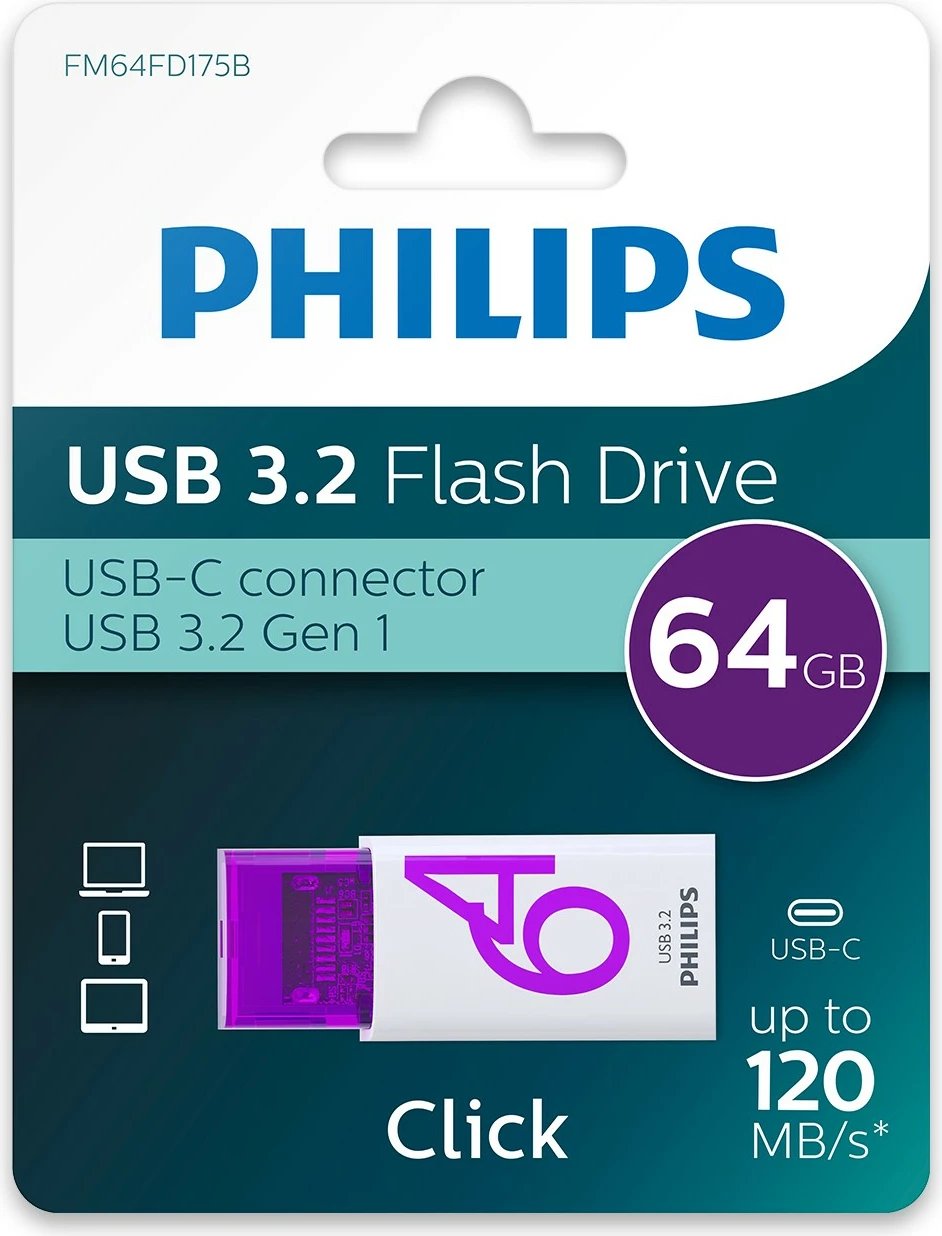 USB stick Philips Click Series Gen 1 64GB USB-C, bardhë/vjollcë