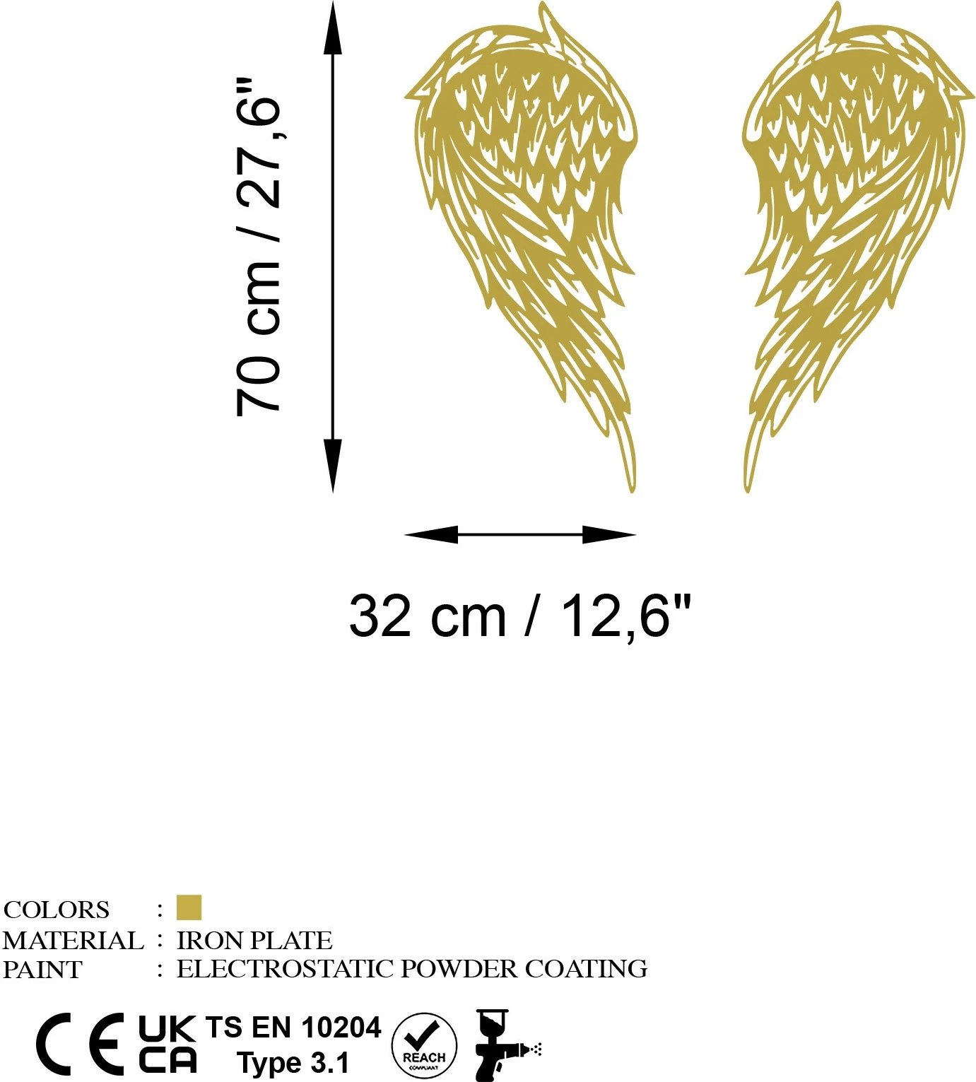 Aksesor dekorativ metalik për mur, Wallity Alato-2, ngjyrë ari, 32x70cm (2 copë)