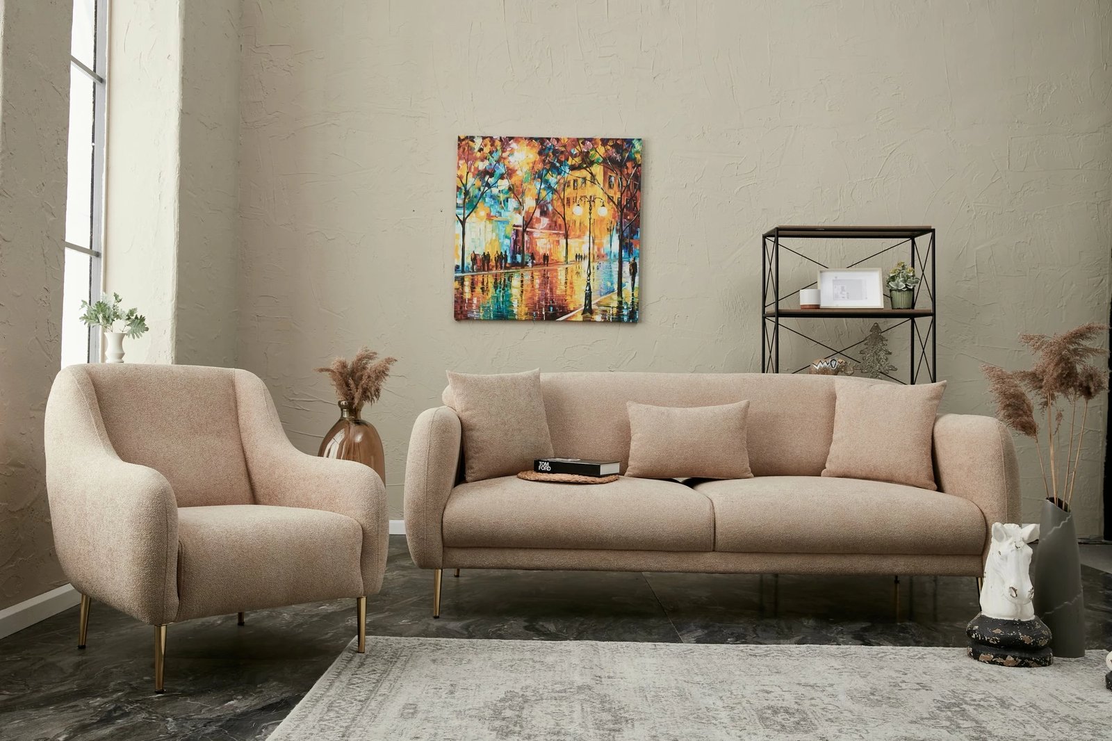 Divan-krevat treshe Simena, bezhë, këmbë metalike, Atelier del Sofa