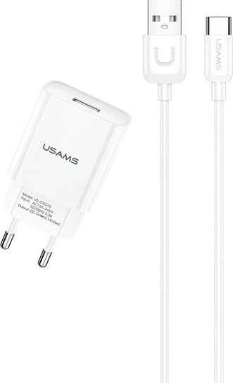 Adapter energjie USAMS T21 me USB 2.1A dhe kabllo USB-C 1m, Bardhë