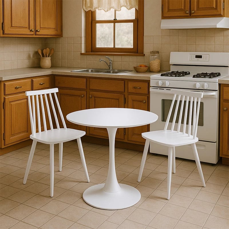 Tavolinë me karrige Elijah-Aurora I, set 3 copë, ngjyrë e bardhë, Φ60x74cm