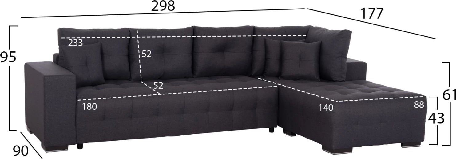 Kënd-sofë me hapësirë për gjëra, ngjyrë gri, TRENDSTON FH3302.01R, 298x177x95cm