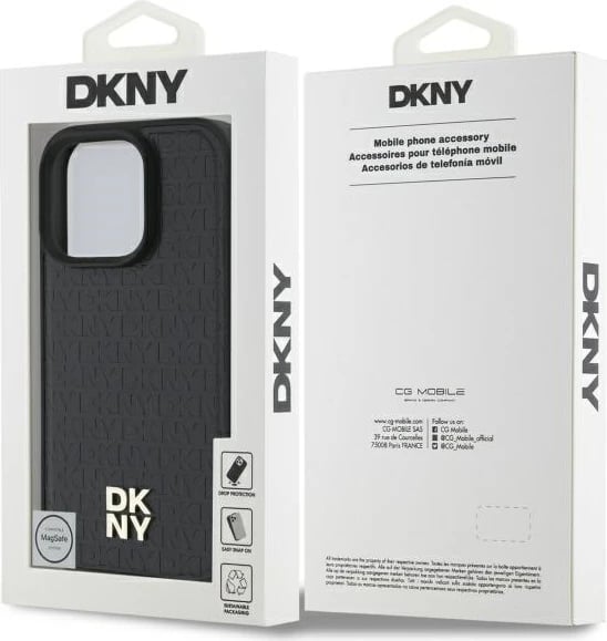 Mbështjellës DKNY Repeat Pattern Stack Logo MagSafe për iPhone 16 Pro Max, i zi