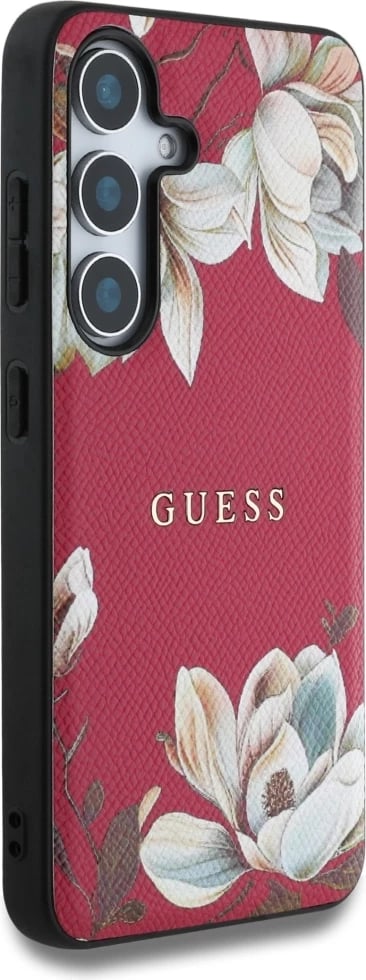 Mbështjellës Guess Grained Printed Flower Pattern MagSafe për Samsung Galaxy S25, Fuchsia