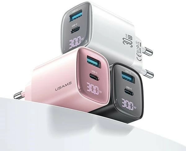Karikues muri USAMS CC229, 30W, GaN, 1x USB + 1x USB-C, Ekran dixhital, i zi