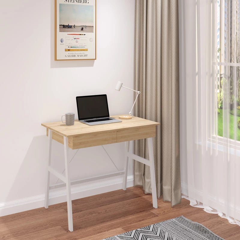 Tavolinë pune me sirtarë Lione, ngjyrë lisi me këmbë metalike të bardha, 90x50x75cm