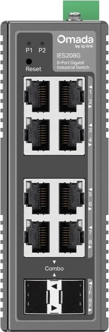 Switch industrial i menaxhueshëm TP-Link IES208G, 8 porta Gigabit (6 RJ45, 2 combo RJ45/SFP), Omada, IP40, menaxhim cloud
