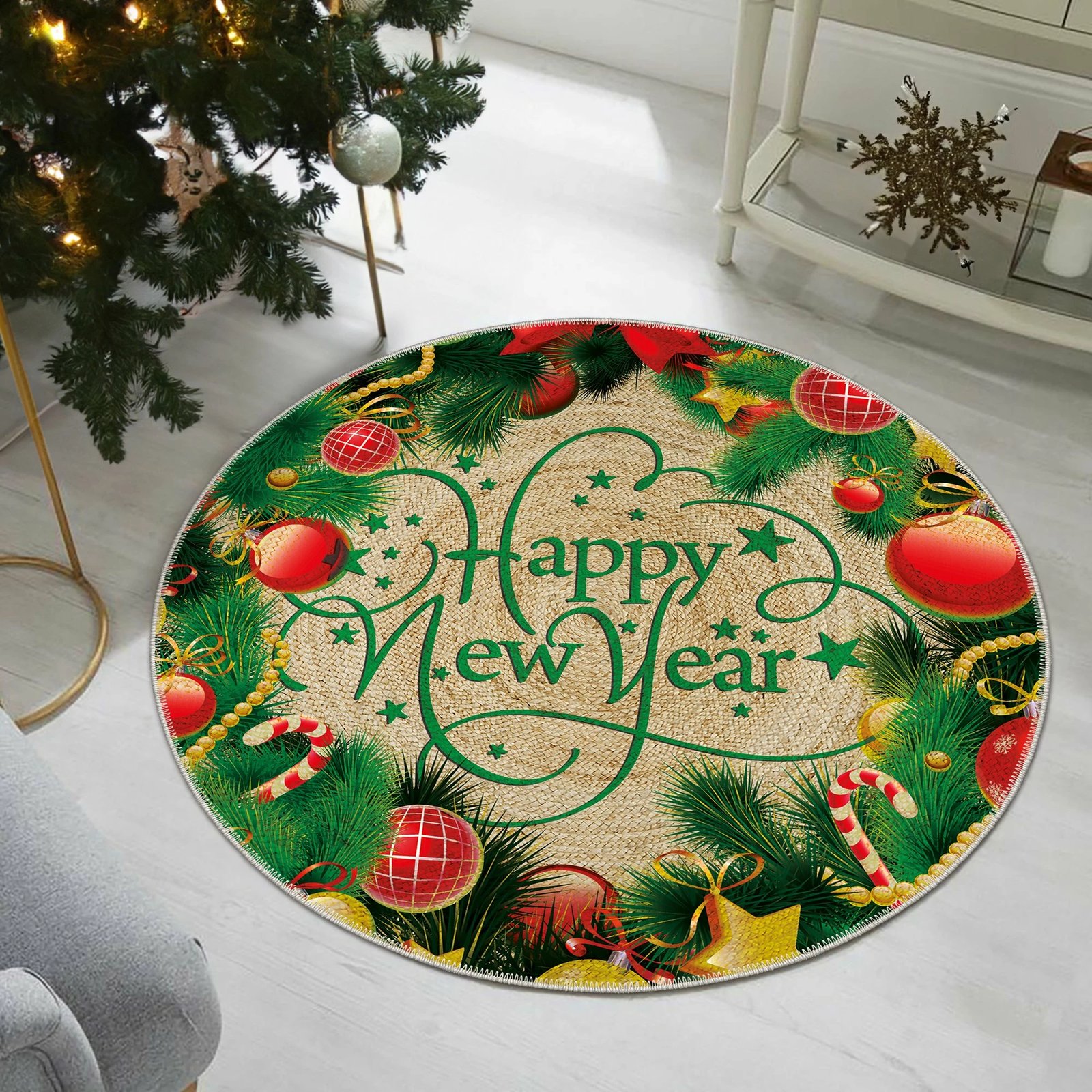 Qilim dekorativ, shumëngjyrësh, temë festive 'Happy New Year', Woobtny0509, 50x50cm