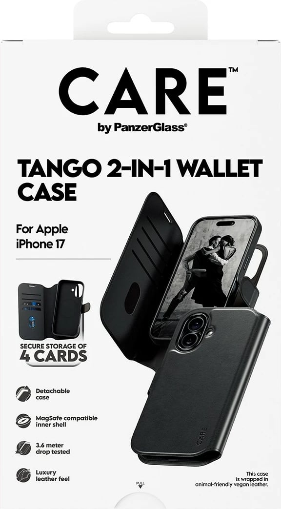 Mbështjellës PanzerGlass CARE Feature Case Tango 2in1 Wallet MagSafe për iPhone 17, i zi