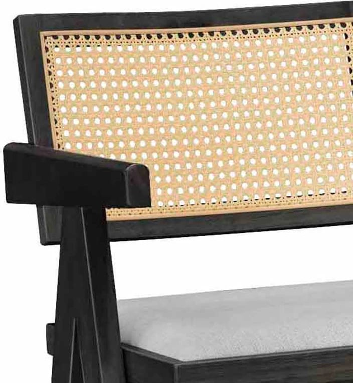 Karrige për bar me krahë Winslow, dru rubberwood, e zezë, pvc ratan natyral, stof gri, set prej 2 copë