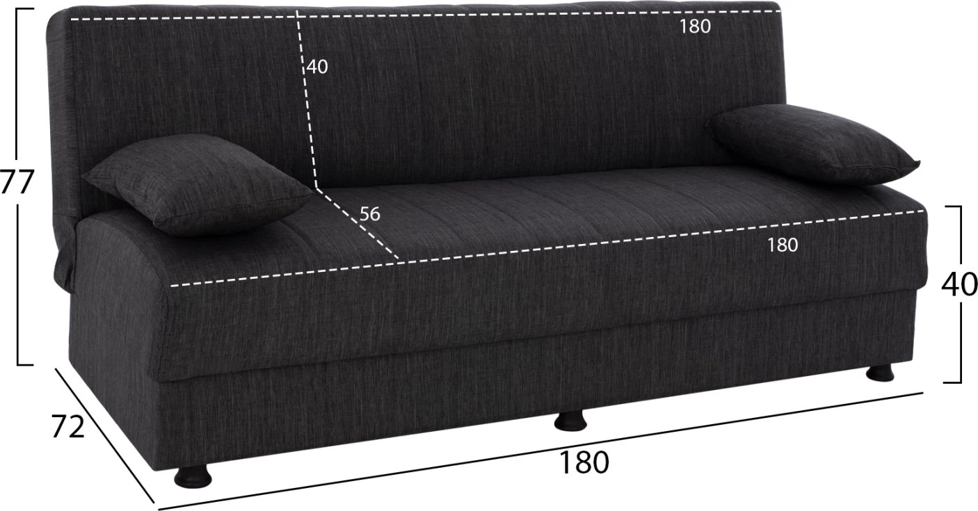 Sofa shtrat tre vendesh, ngjyrë gri, këmbë të shkurtra, pa krahë, FH3239.03