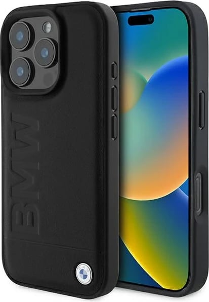 Mbështjellës BMW Leather Hot Stamp për iPhone 16 Pro Max, i zi