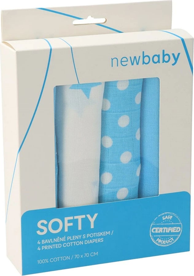 Pelena pambuku tetra me printim, New Baby Softy, 70 x 70 cm, ngjyrë turkeze dhe e bardhë, set 4 copë