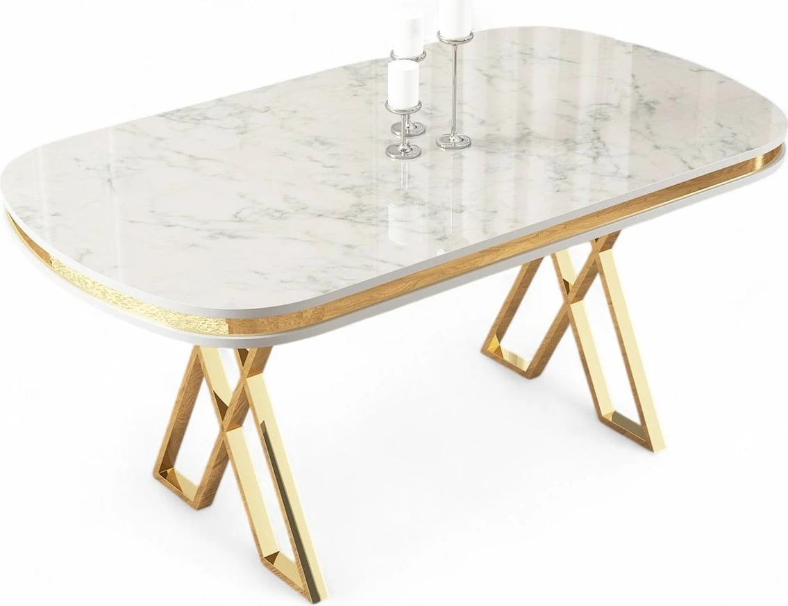 Tavolinë ngrënie Hanah Home, sipërfaqe mermeri të bardhë, këmbë ari