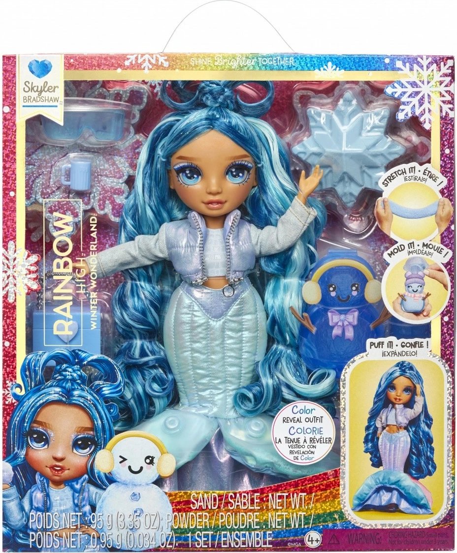 Kukull Rainbow High Winter Wonderland Skyler, 11 inç, me borë magjike dhe aksesorë, Blu
