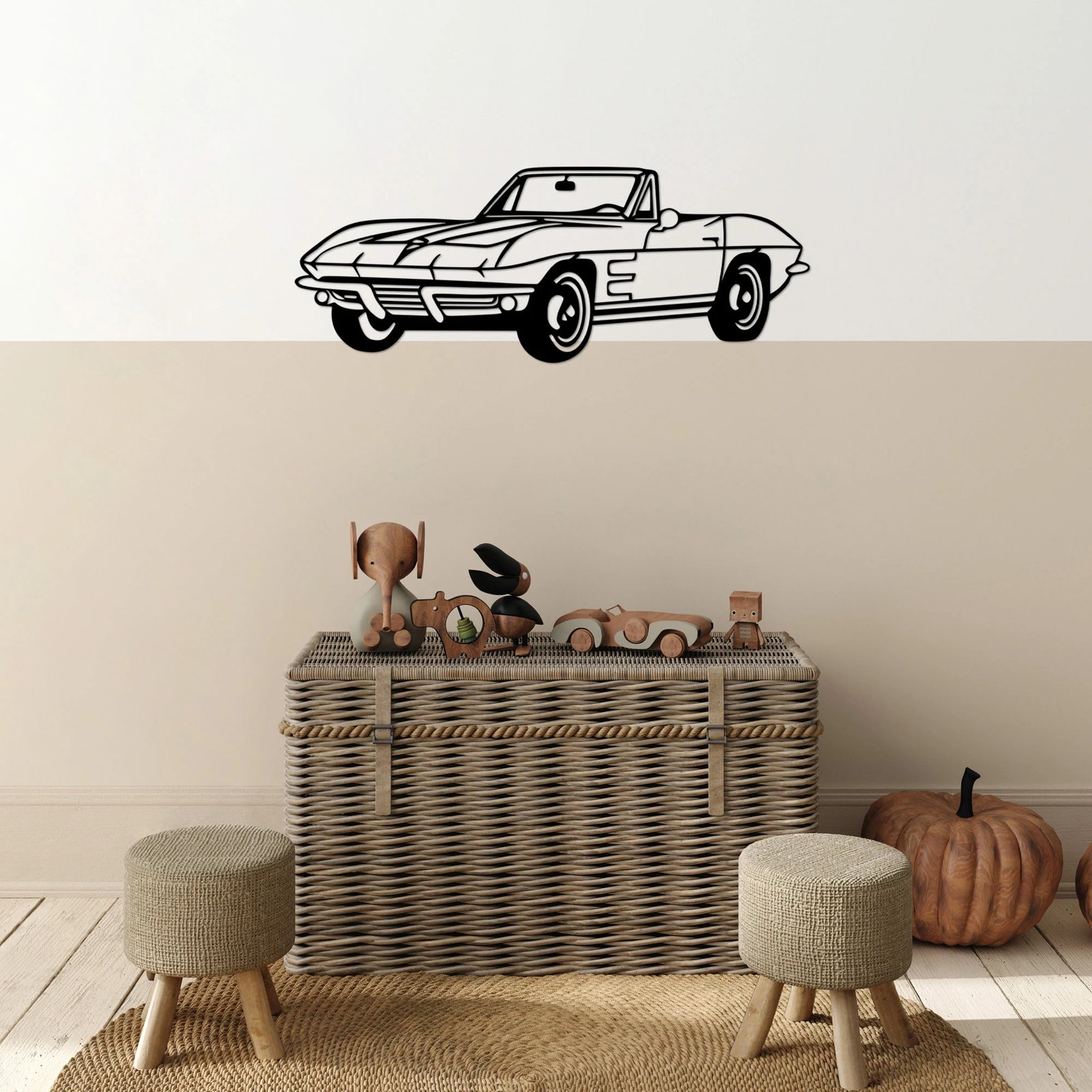 Aksesor dekorativ metalik për mur, veturë klasike, ngjyrë e zezë, 26x70cm