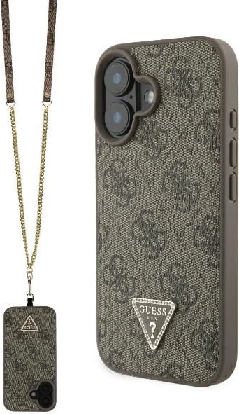 Mbështjellës Guess për iPhone 16, lëkurë, crossbody, kafe