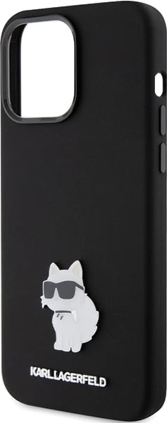 Mbështjellës Karl Lagerfeld Silicone Choupette Metal Pin për iPhone 15 Pro Max, i zi