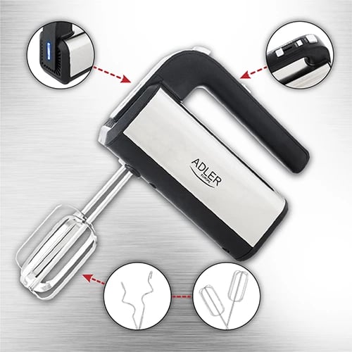 Mikser dore, Adler, AD 4225, 5 shpejtësi Turbo, 300W (max 800W), me 2 rrahëse dhe 2 hoka brumi, INOX