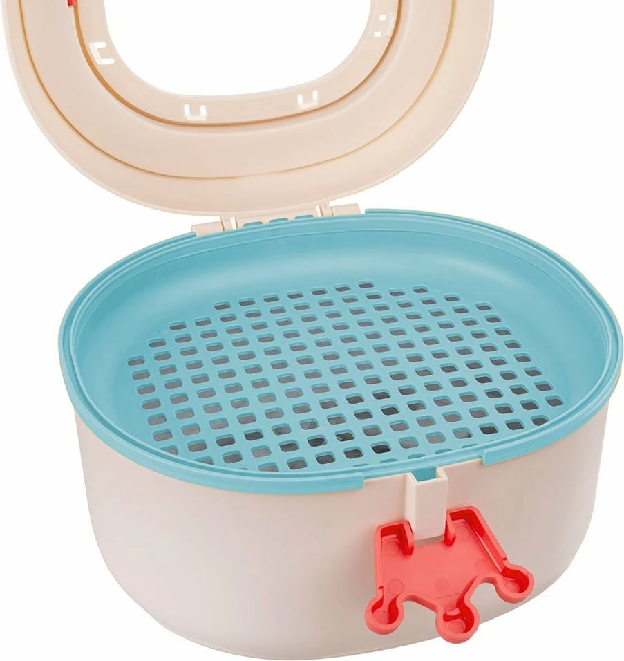 Kuti ruajtëse për lodra gringëlluese dhe kafshues, AKUKU, me dorezë, kapëse në formë kurore, grilë tharëse/sitë, dritare transparente, 20x18x13 cm, e bardhë