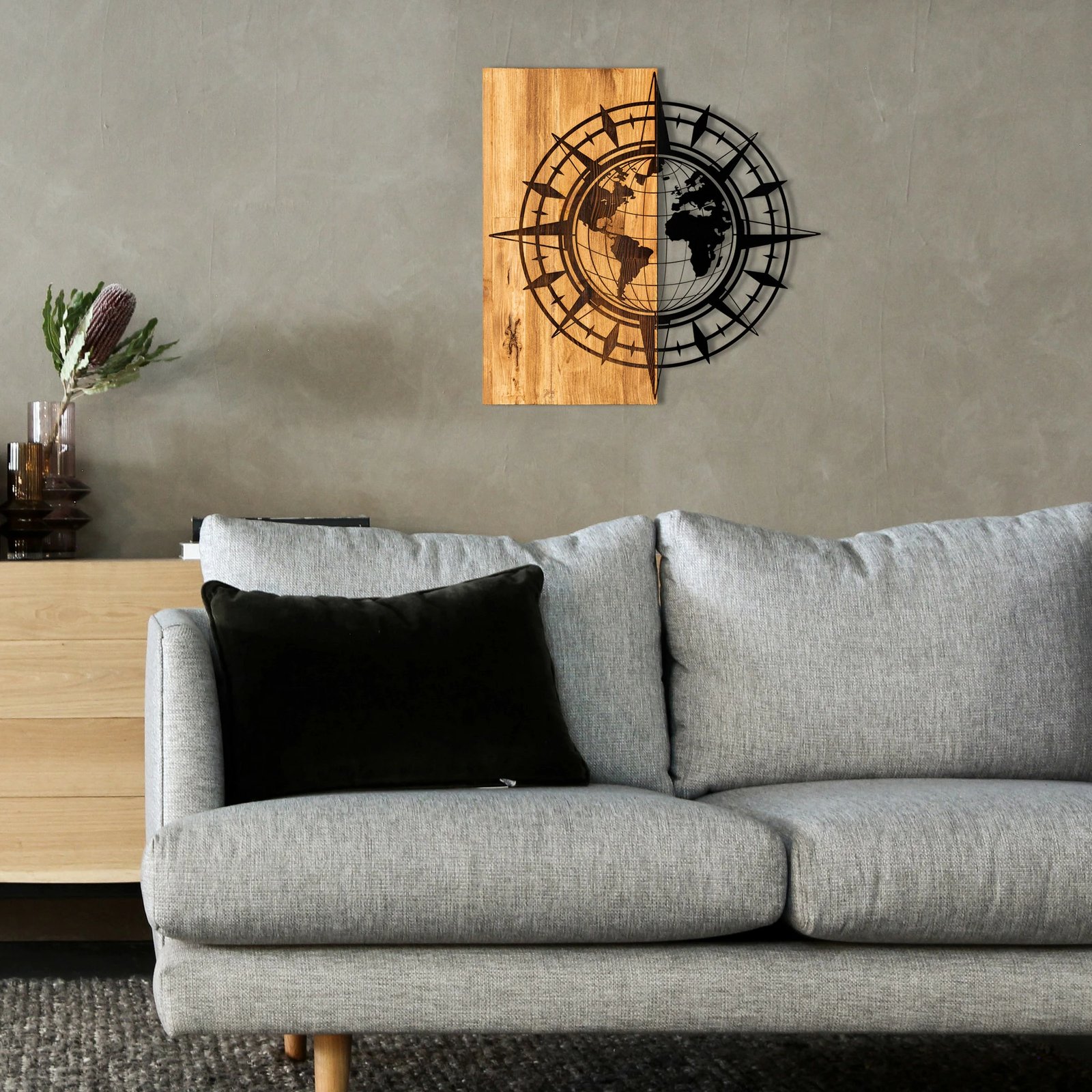 Aksesor dekorativ prej druri për mur, Wallity Esila, ngjyrë e zezë dhe arre, 57x58cm