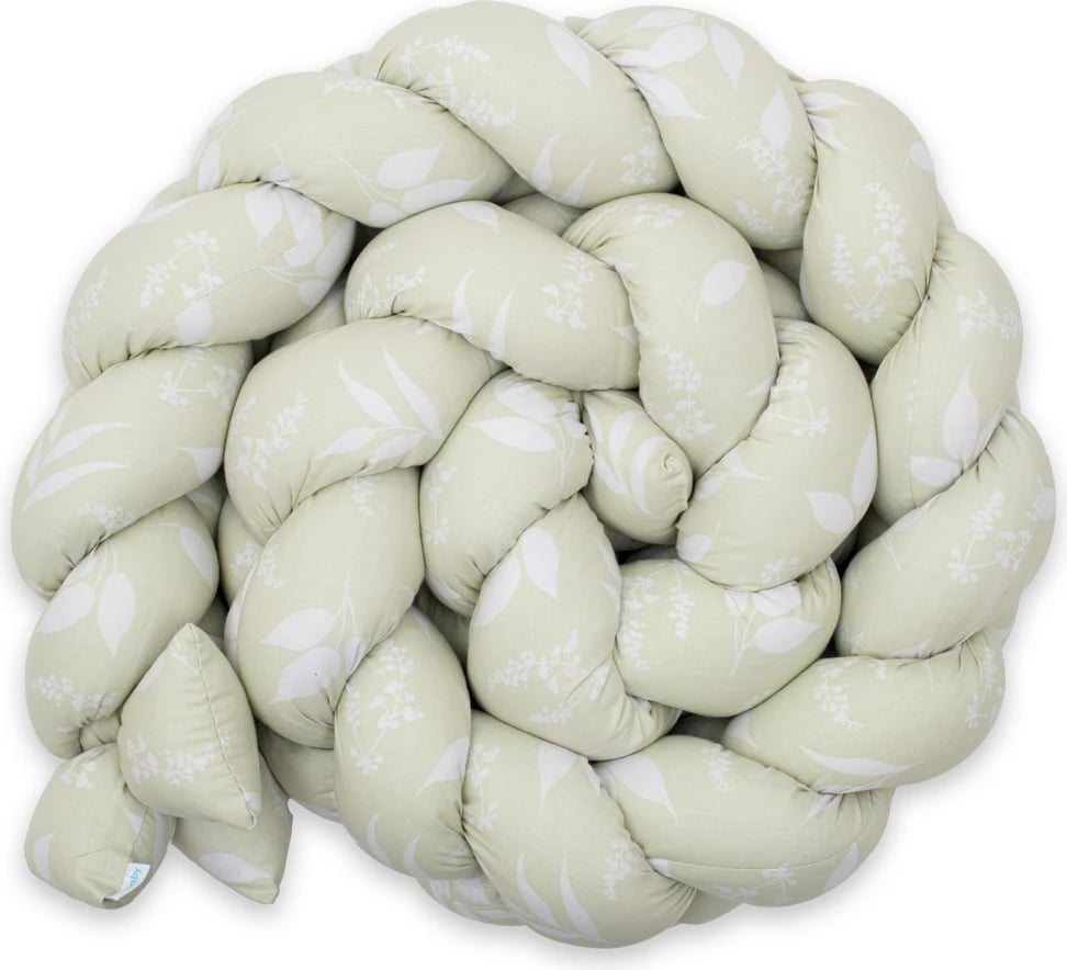 Mbrojtës i gërshetuar për krevat bebe, New Baby Leaves, 210x18x10 cm, pambuk 100% me mbushje anti-alergjike, me shirita fiksimi, jeshile
