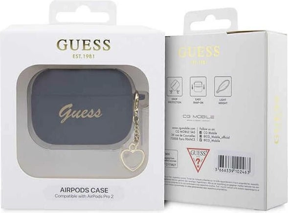 Mbështjellës Guess për AirPods Pro 2, Silicone Charm Collection, i zi, me varëse zemër