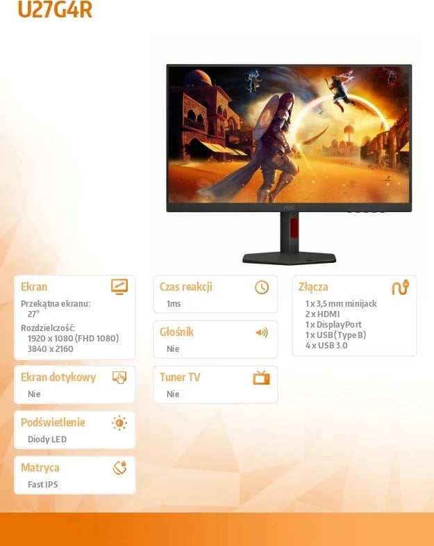 Kasë monitori AOC U27G4R, 27", Fast IPS, 4K UHD, 160Hz, e zezë Kasë monitori AOC U27G4R, 27", Fast IPS, 4K UHD, 160Hz, e zezë