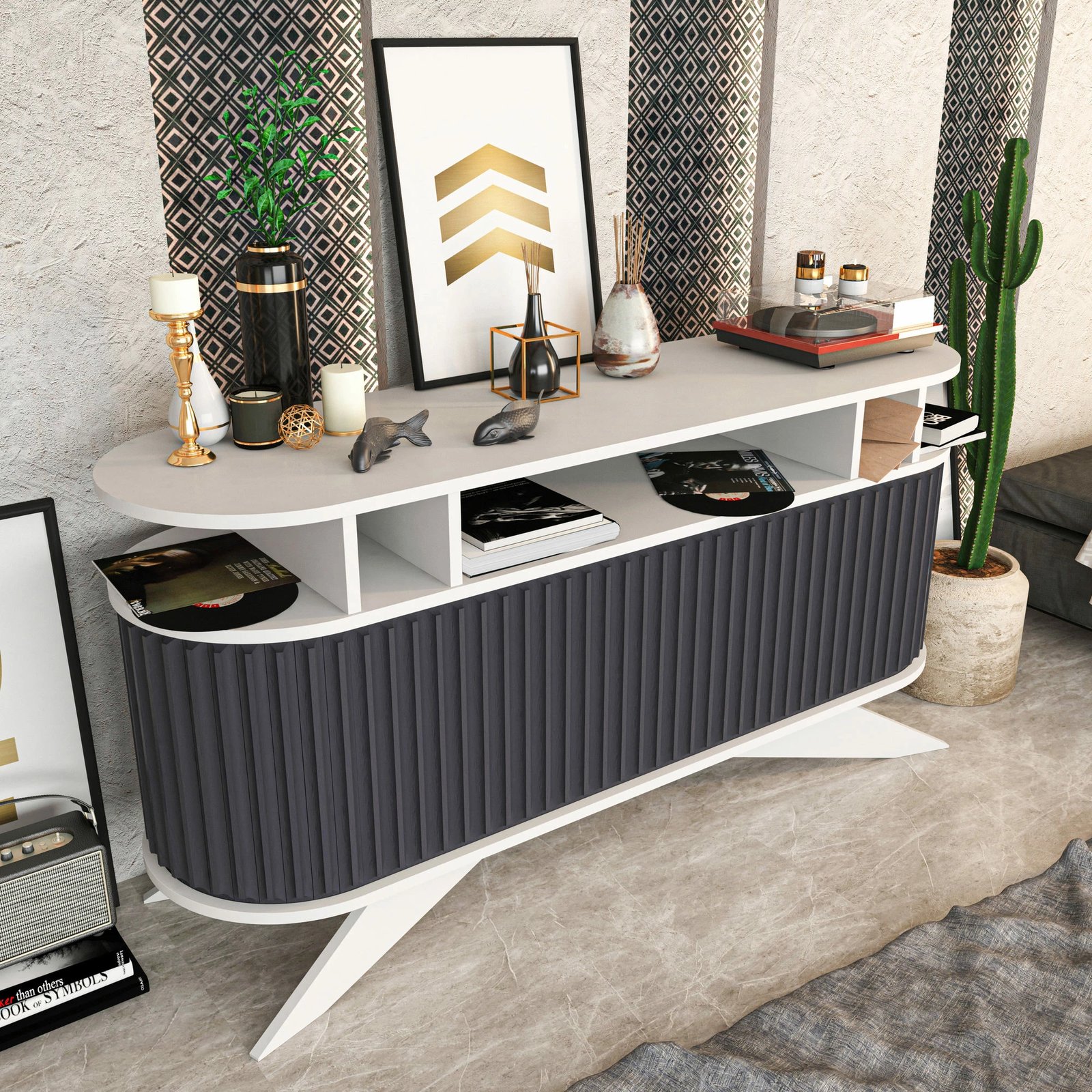 Komodë Hanah Home, e madhe, e bardhë dhe antracit