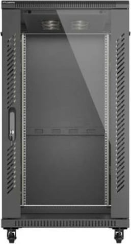 Kabinet rack dysheme 19", Lanberg FF01-6222-12B, 22U, 600x1200 mm, derë xhami, ngarkesë 800 kg, IP20, Flat Pack, e zezë