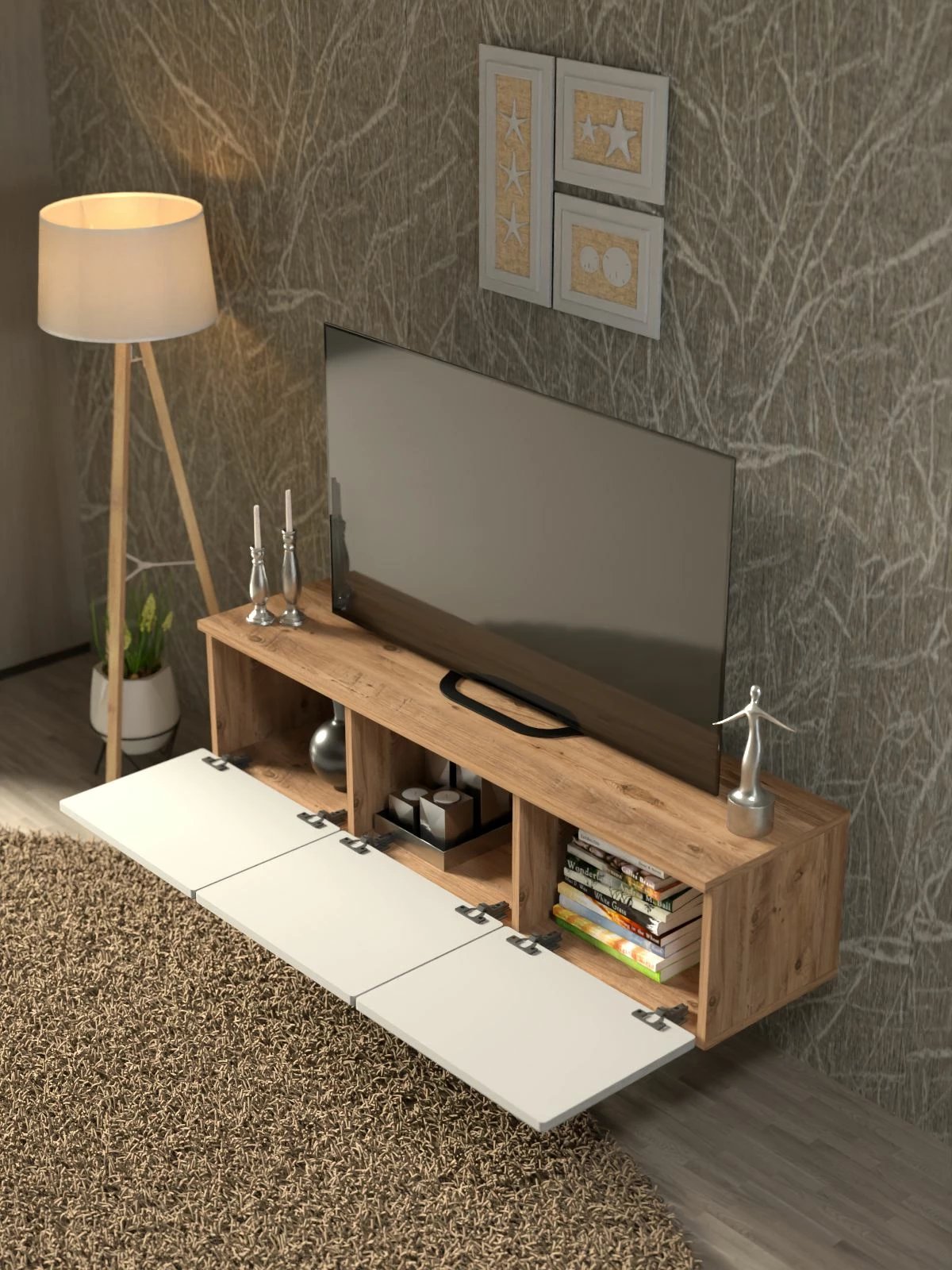 Komodë TV Skye Decor, Norvia 135, ngjyrë Atlantic Pine dhe e bardhë