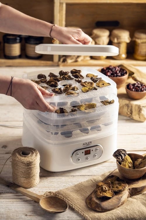 Dehidratues ushqimi, Adler AD 6658, 5 tabaka, temperaturë 35–70°C, timer 1–70 orë, 550W, LCD, i bardhë