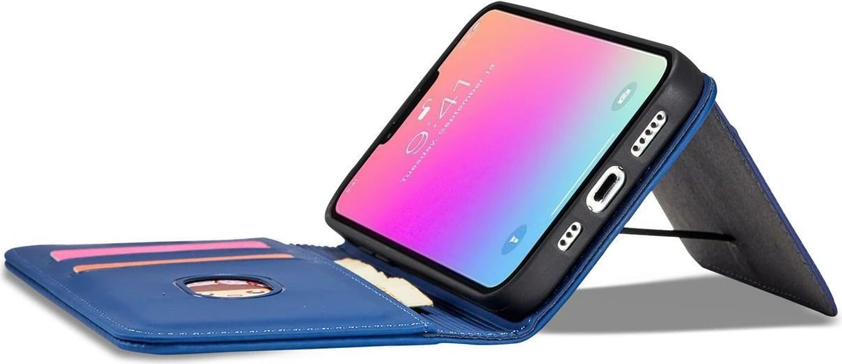 Mbështjellës Hurtel Magnet Card Case për iPhone 14, me kapak, xhep kartelash dhe mbajtëse, kaltër