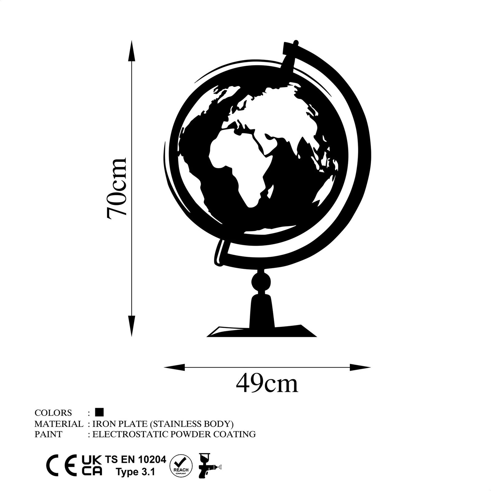 Aksesor dekorativ metalik për mur, hartë bote, Wallity, 44x70cm
