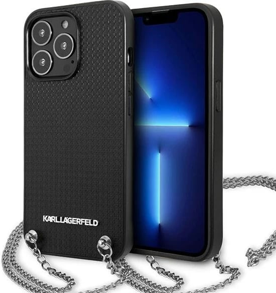 Mbështjellës Karl Lagerfeld Monogram Plaque për iPhone 13 Pro/13 6.1", i zi, me zinxhir