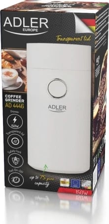 Mulli kafeje Adler AD 4446, 150 W, kapacitet 75 g, kapak transparent me bllokim sigurie, e bardhë/argjendtë Mulli kafeje Adler AD 4446, 150 W, kapacitet 75 g, kapak transparent me bllokim sigurie, e bardhë/argjendtë