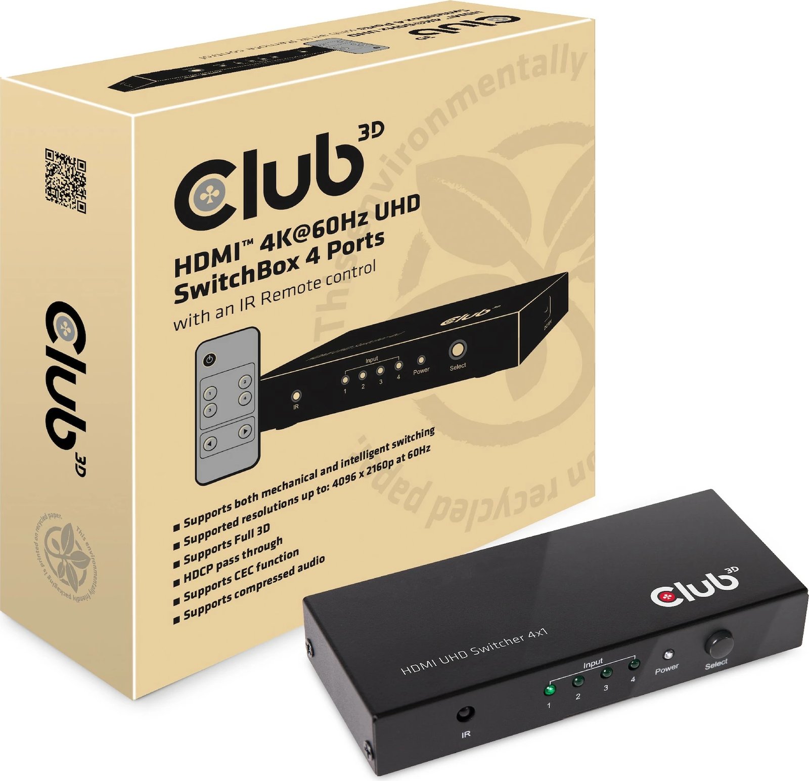 Switch HDMI Club3D, 4 hyrje 1 dalje, 4K60Hz UHD, i zi