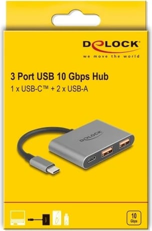 USB hub DeLOCK 3 porta, Type-C në 1x Type-C + 2x Type-A, 10 Gbps, gri