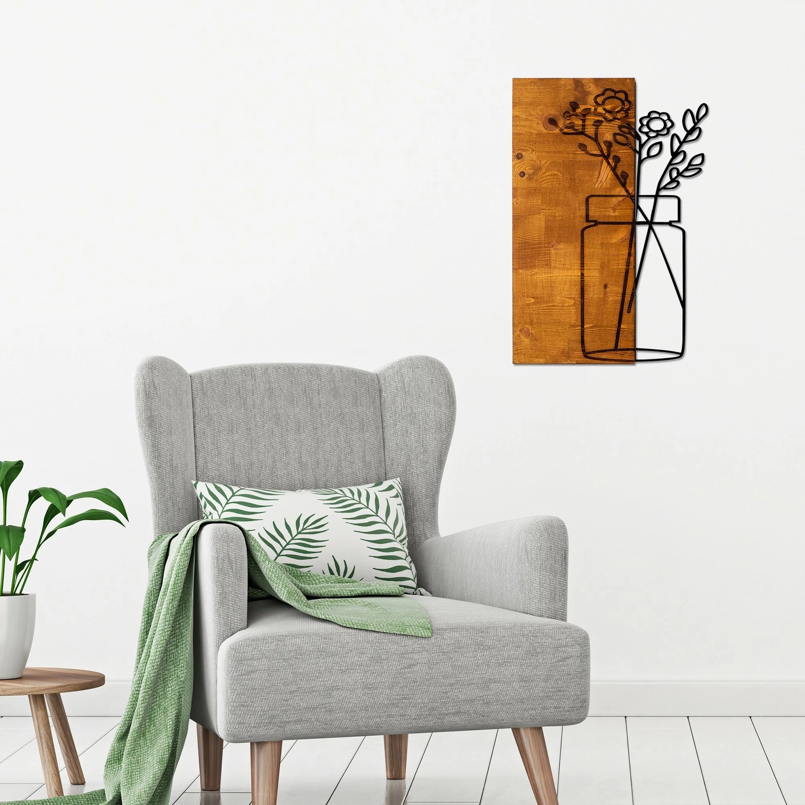 Aksesor dekorativ për mur, dru dhe metal, Wallity Cicek1, ngjyrë arre, 40x58cm