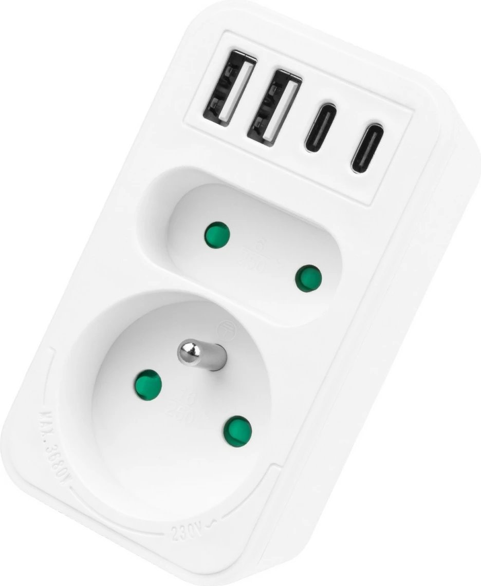 Shpërndarës prizash Maclean MCE249 F/W, 2 dalje AC (Schuko + Euro), 2x USB-A 18W, 2x USB-C PD 20W, i bardhë